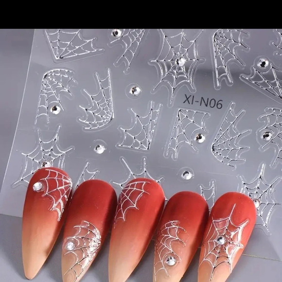 2pcs Halloween Spider Web Nail Art Stickers - 3D Silvery Glitter Cobweb - Picture 4 of 8
